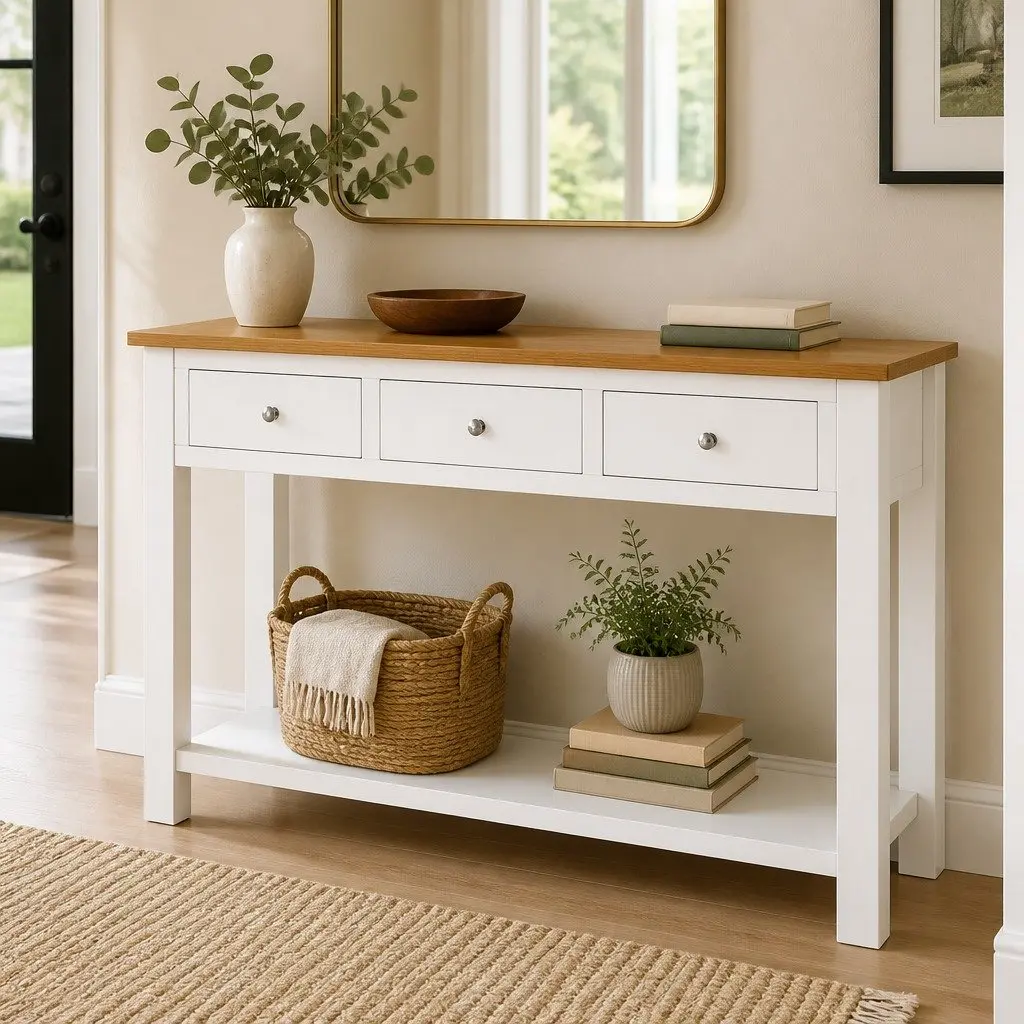 Solid Oak Top Console Table with White Frame 118x35x77 cm