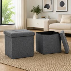 Folding Storage Stools Set of 2 Grey Faux Linen Seat Ottoman Box Furniture