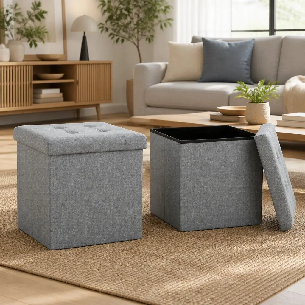 Folding Storage Stools 2 pcs Grey Faux Linen Upholstered Seat with Removable Top