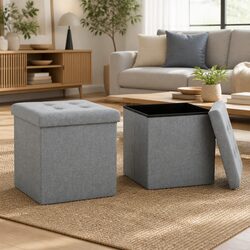 Durable Grey Faux Linen Folding Storage Stools – 2 Pack