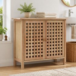 Beige Solid Wood Bathroom Vanity Unit with Lattice Doors