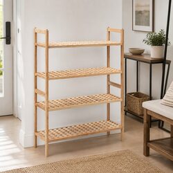 Walnut Wood Shoe Rack with 4 Shelves and Latticed Design