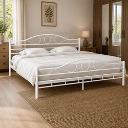 White Metal Double Bed Frame with Slatted Base 137x187 cm
