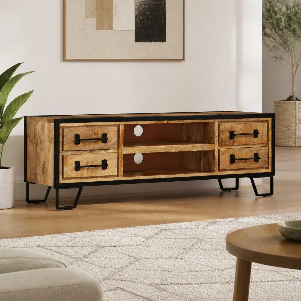Solid Mango Wood TV Cabinet with Drawers 120x30x40cm
