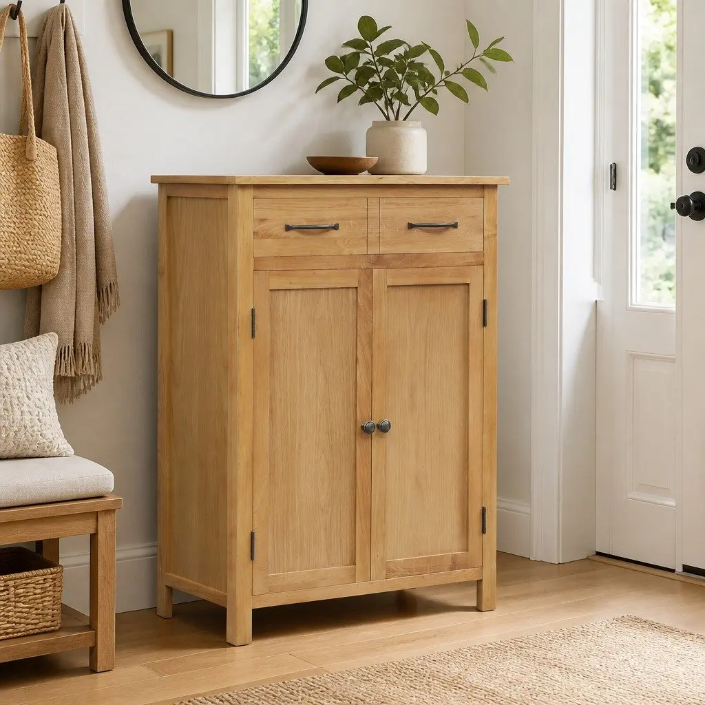 Shoe Cabinet Solid Oak Wood Brown 4 Shelves 1 Drawer Storage Organiser