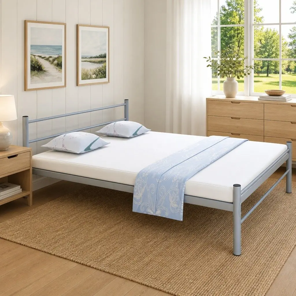 Grey Metal Queen Bed Frame with Slatted Base