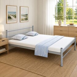 Sturdy Grey Metal Queen Bed Frame with Slatted Base