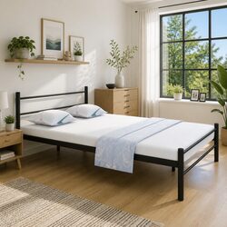 Black Metal Double Bed Frame with Slatted Base