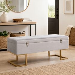 Grey Velvet Storage Bench 105cm with Gold Legs