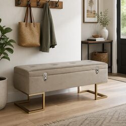Beige Velvet Upholstered Storage Bench with Compartment