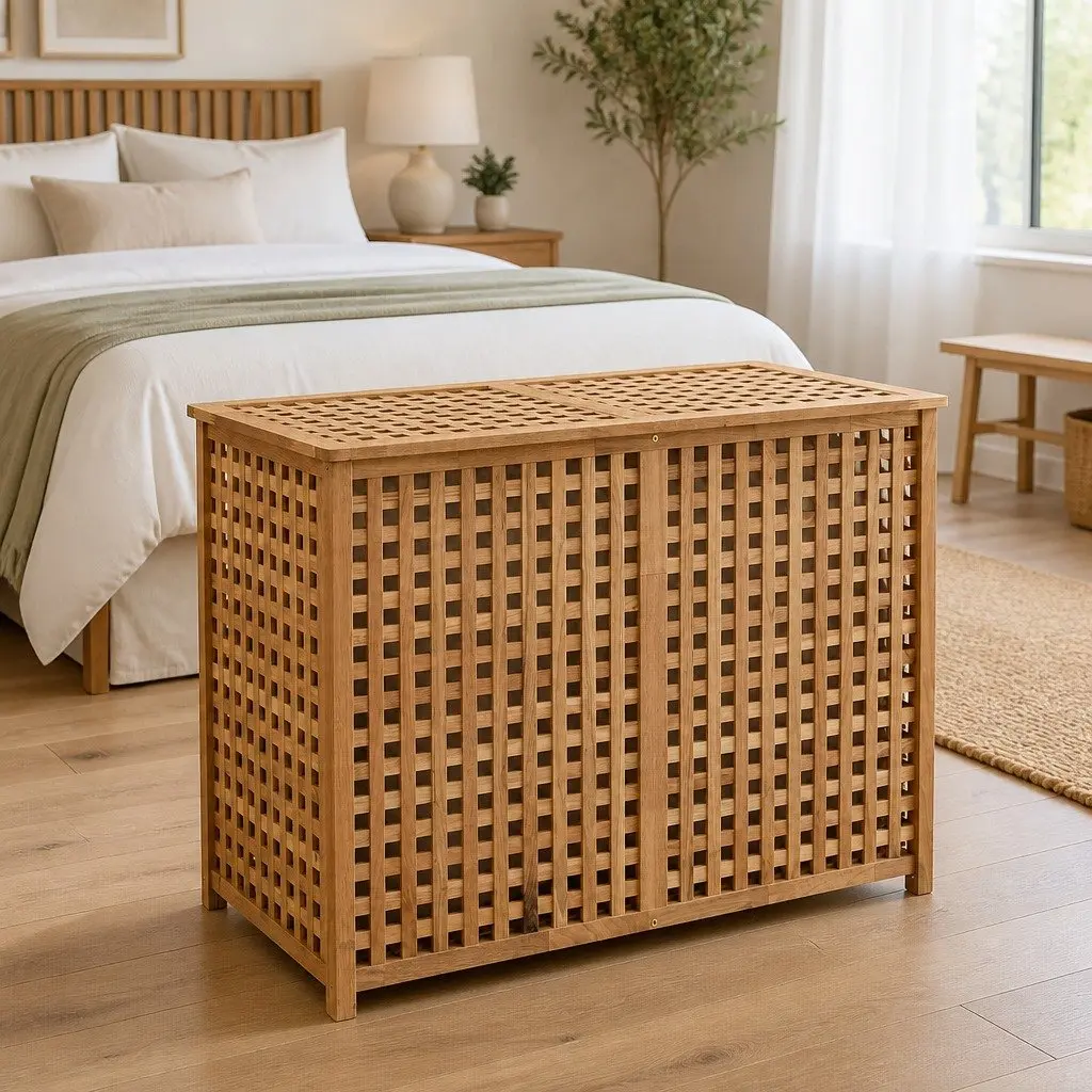 Wooden Laundry Bin with Two Compartments