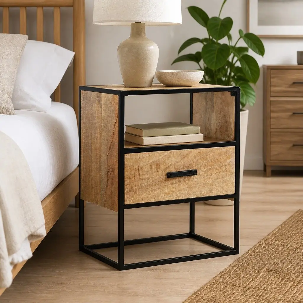 Bedside Table Solid Mango Wood 40x30x50cm Brown with Steel Legs