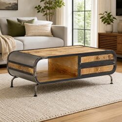 Solid Mango Wood Coffee Table with Storage Drawers 100x50x35cm