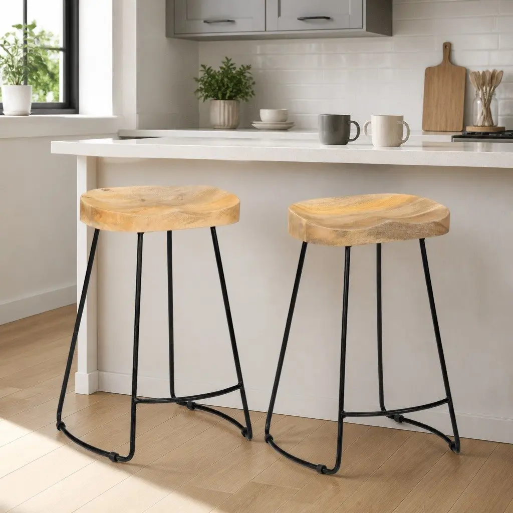 Bar Stools Solid Mango Wood Brown Retro Vintage 2 Piece