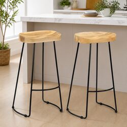 Solid Mango Wood Bar Stools - 2 Piece Set in Retro Style