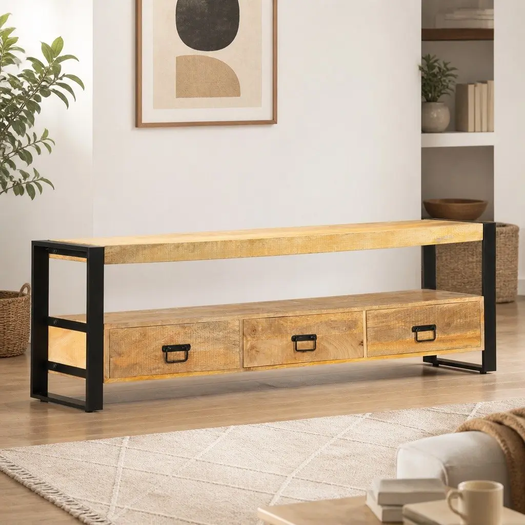 TV Cabinet Solid Mango Wood 150x30x45 cm Brown Rustic Lowboard Storage Drawers