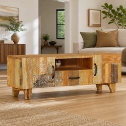 Sturdy Solid Reclaimed Wood TV Cabinet with Carved Detail