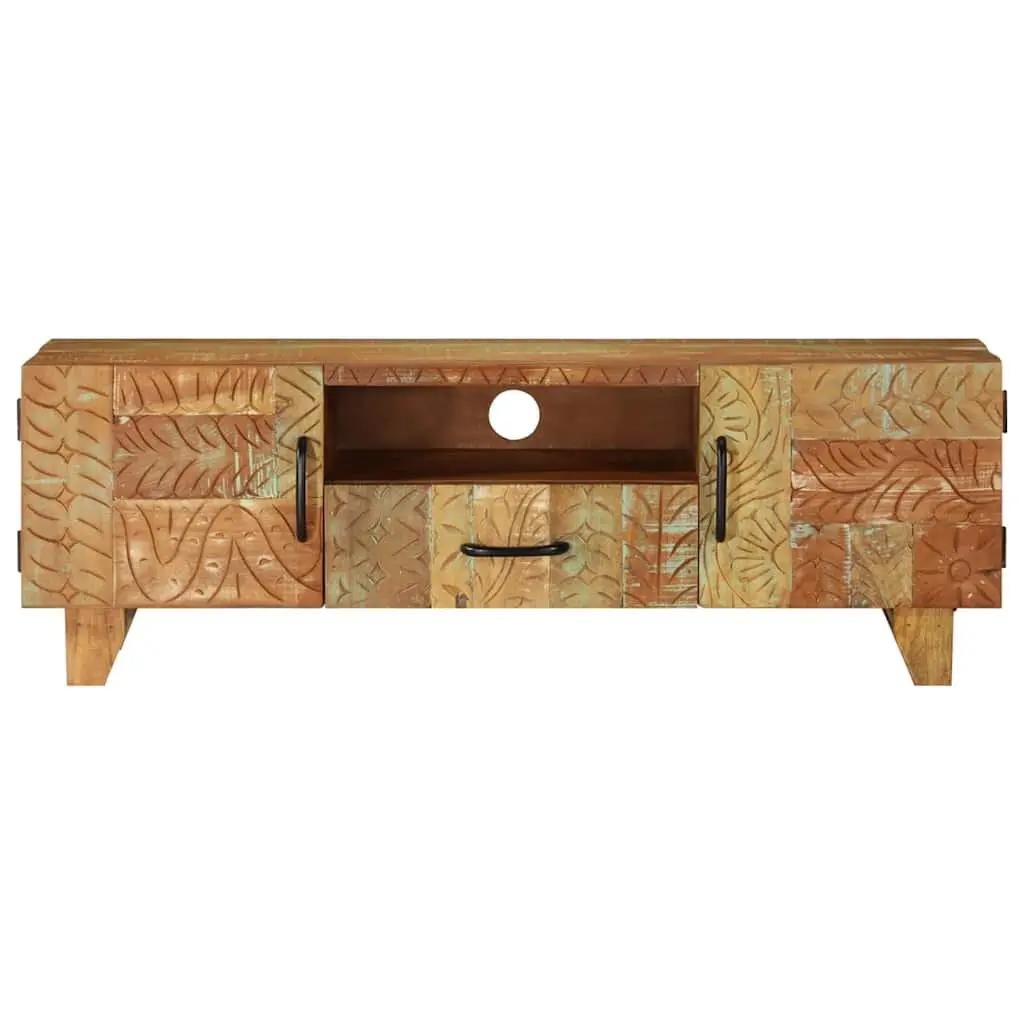 TV Cabinet Solid Reclaimed Wood 120x30x40 cm Brown Hand Carved Doors Drawer Storage