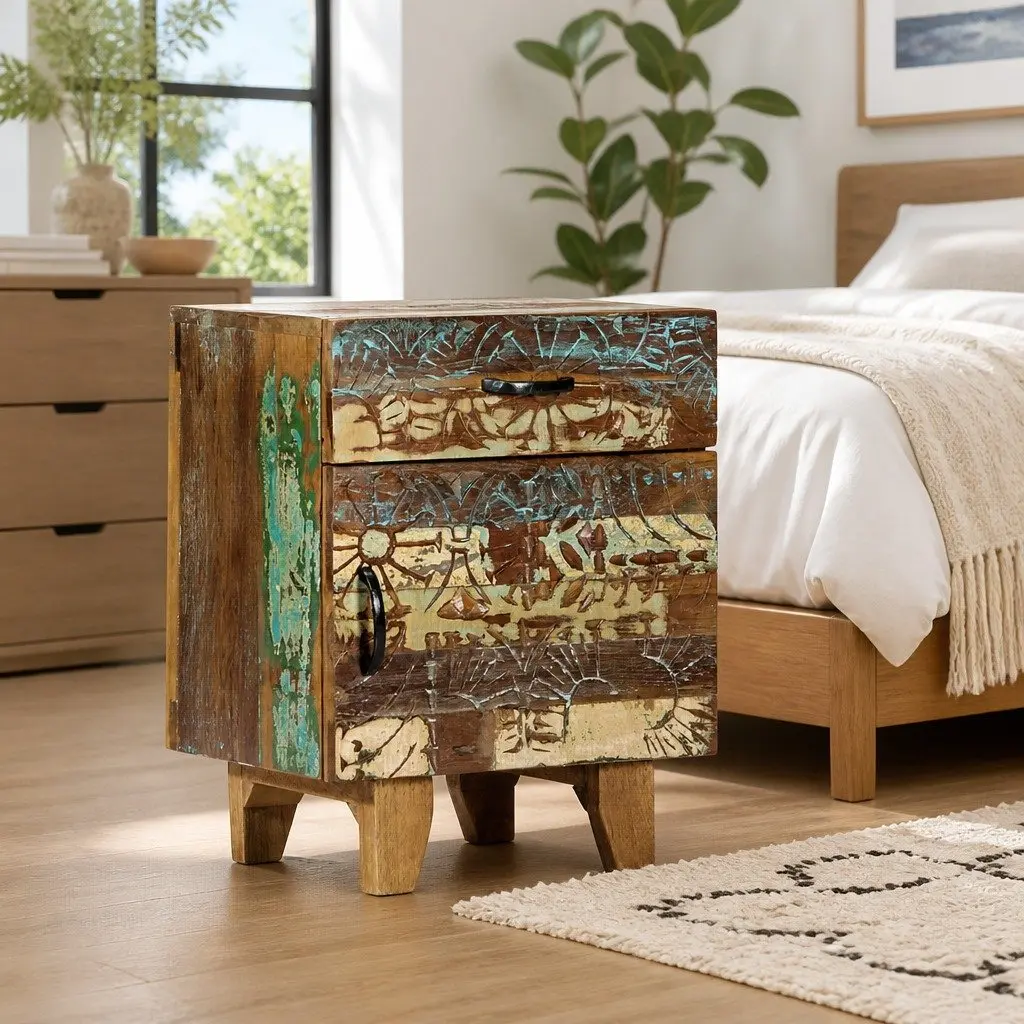 Bedside Cabinet Solid Reclaimed Wood 40cm Multicolour Hand Carved Nightstand Storage Drawer Door