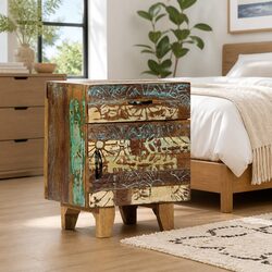 Hand Carved Nightstand with Reclaimed Wood Storage