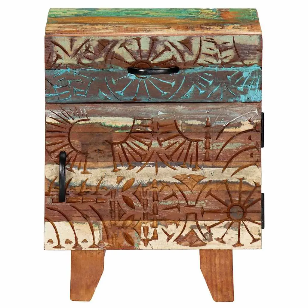 Bedside Cabinet Solid Reclaimed Wood 40cm Multicolour Hand Carved Nightstand Storage Drawer Door