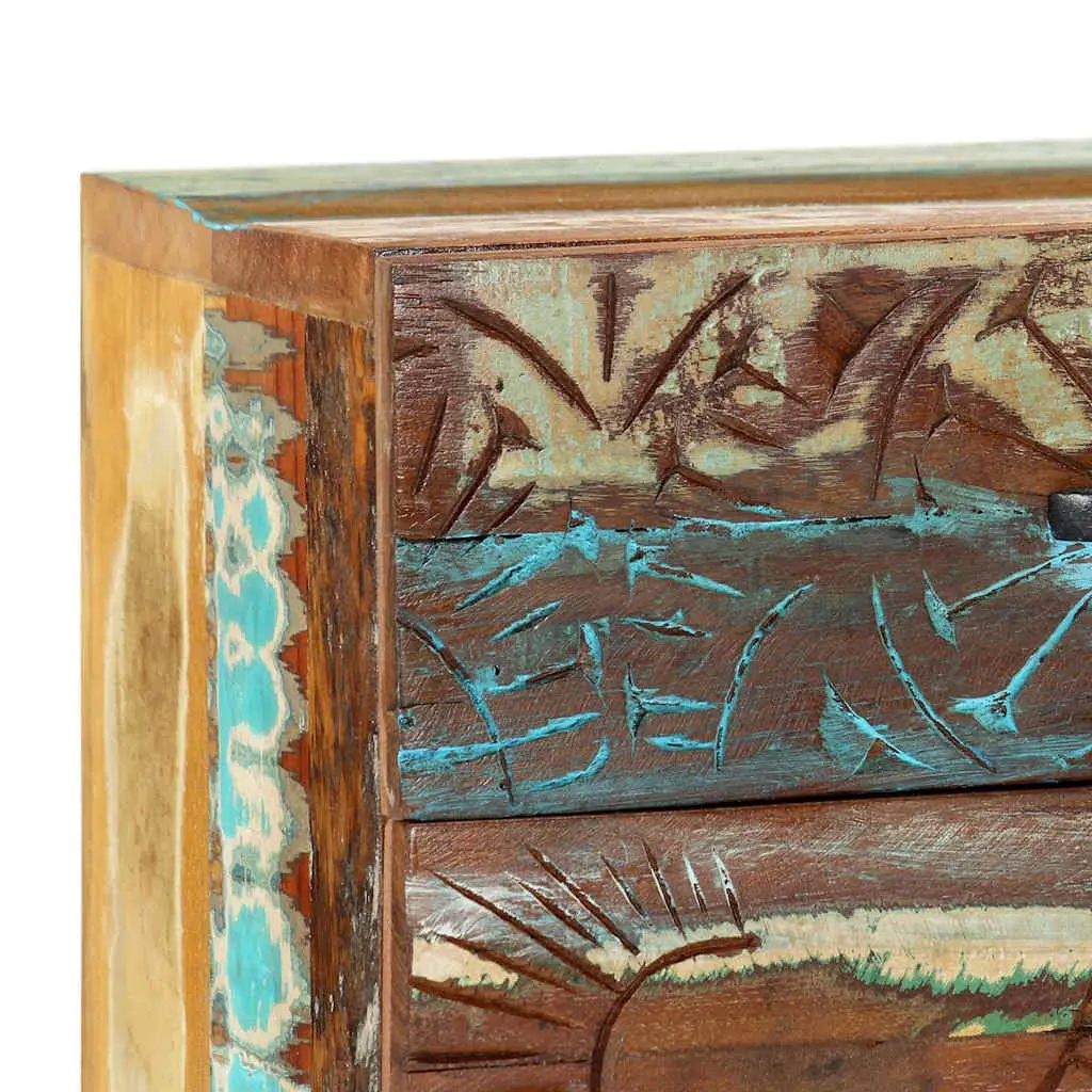 Bedside Cabinet Solid Reclaimed Wood 40cm Multicolour Hand Carved Nightstand Storage Drawer Door