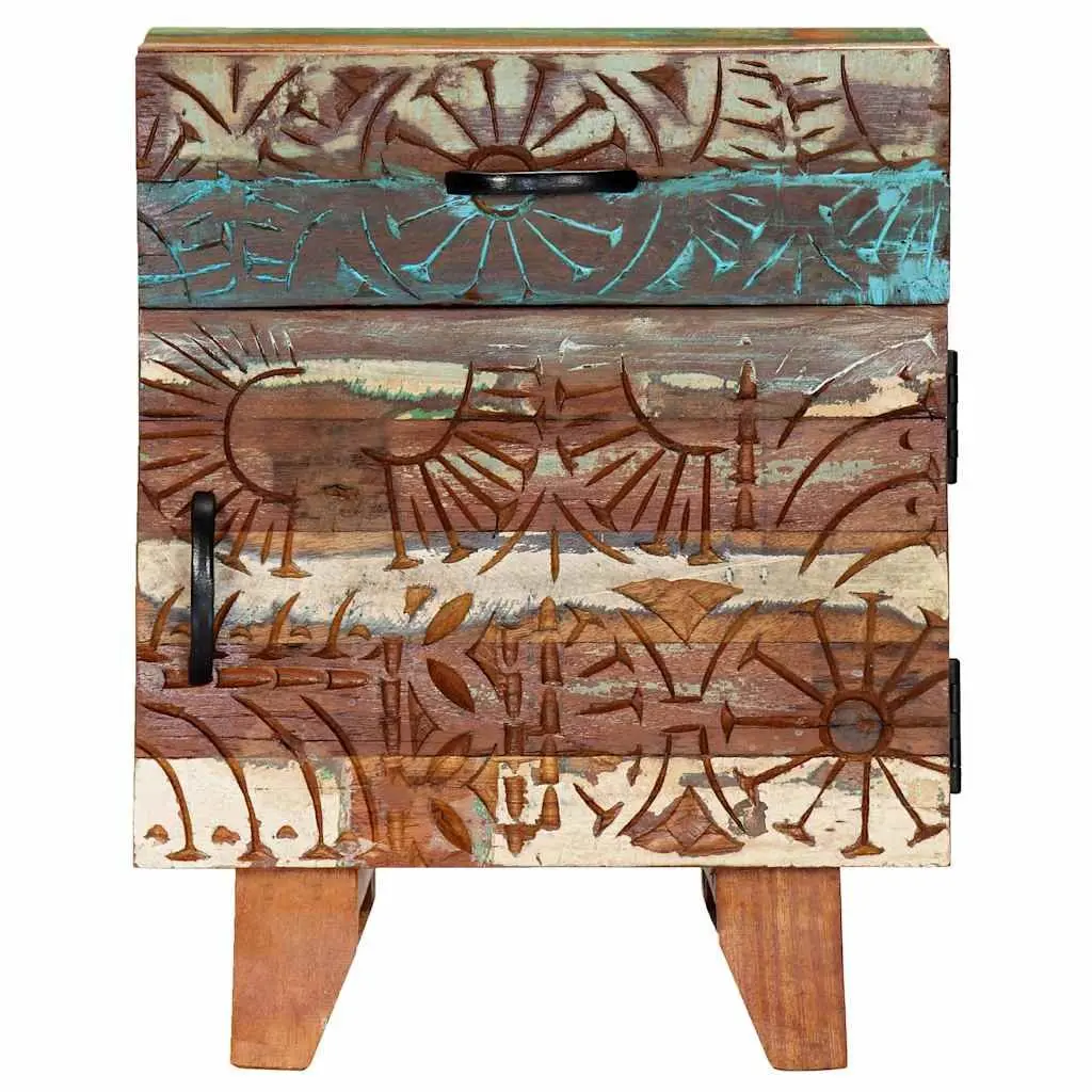 Bedside Cabinet Solid Reclaimed Wood 40cm Multicolour Hand Carved Nightstand Storage Drawer Door