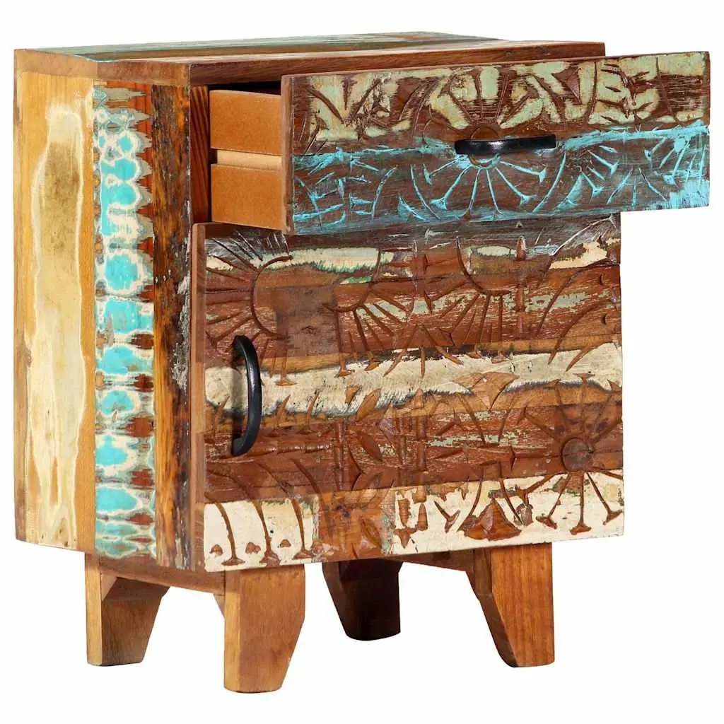 Bedside Cabinet Solid Reclaimed Wood 40cm Multicolour Hand Carved Nightstand Storage Drawer Door