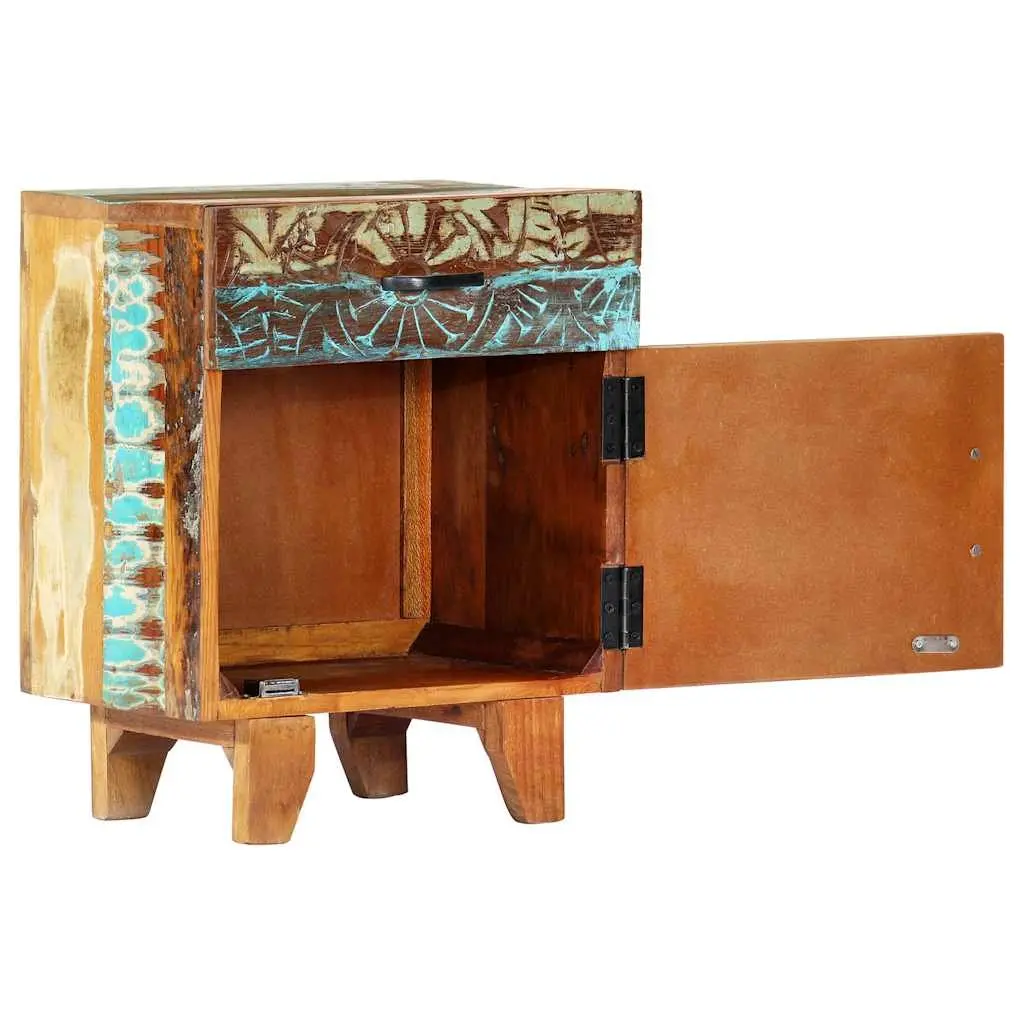Bedside Cabinet Solid Reclaimed Wood 40cm Multicolour Hand Carved Nightstand Storage Drawer Door