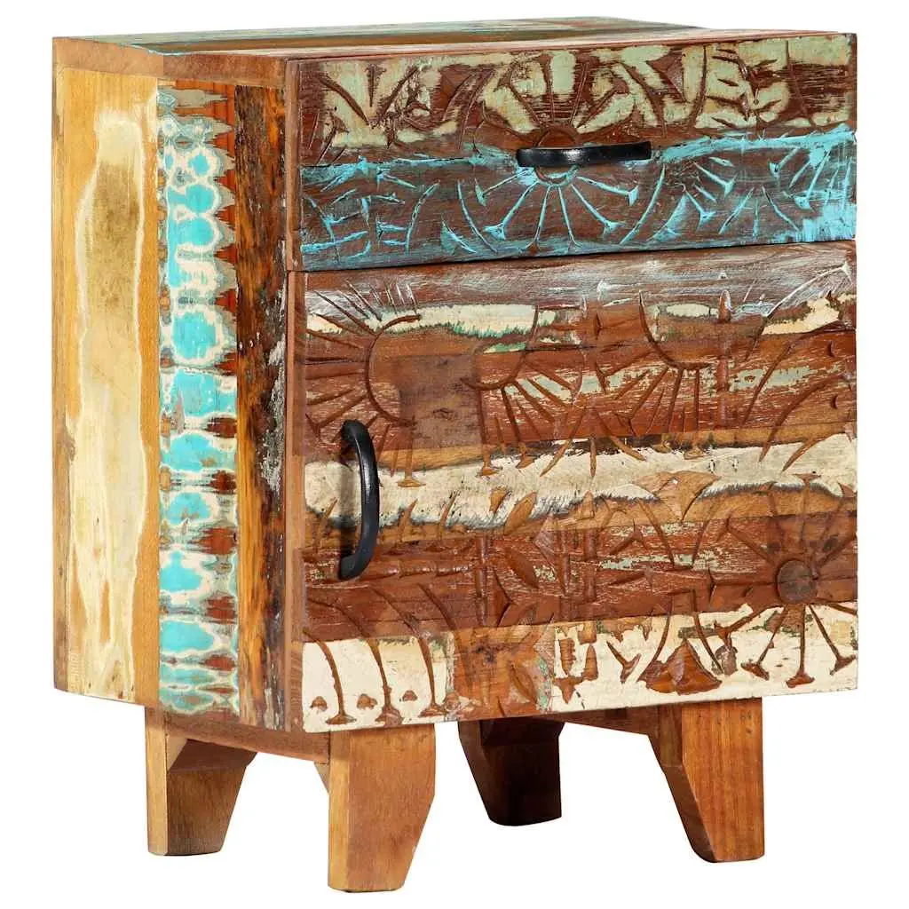 Bedside Cabinet Solid Reclaimed Wood 40cm Multicolour Hand Carved Nightstand Storage Drawer Door
