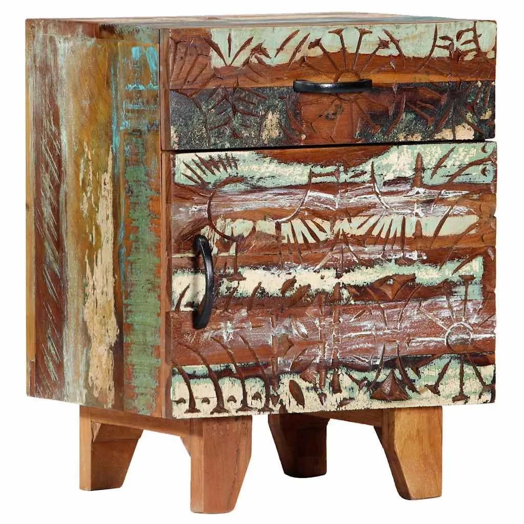 Bedside Cabinet Solid Reclaimed Wood 40cm Multicolour Hand Carved Nightstand Storage Drawer Door