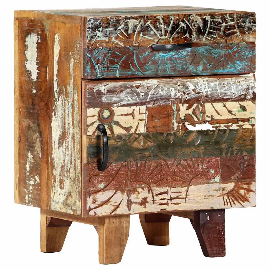 Bedside Cabinet Solid Reclaimed Wood 40cm Multicolour Hand Carved Nightstand Storage Drawer Door