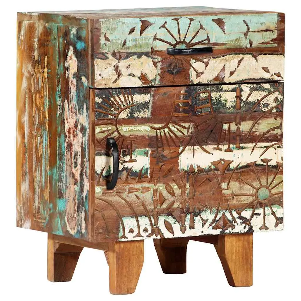 Bedside Cabinet Solid Reclaimed Wood 40cm Multicolour Hand Carved Nightstand Storage Drawer Door