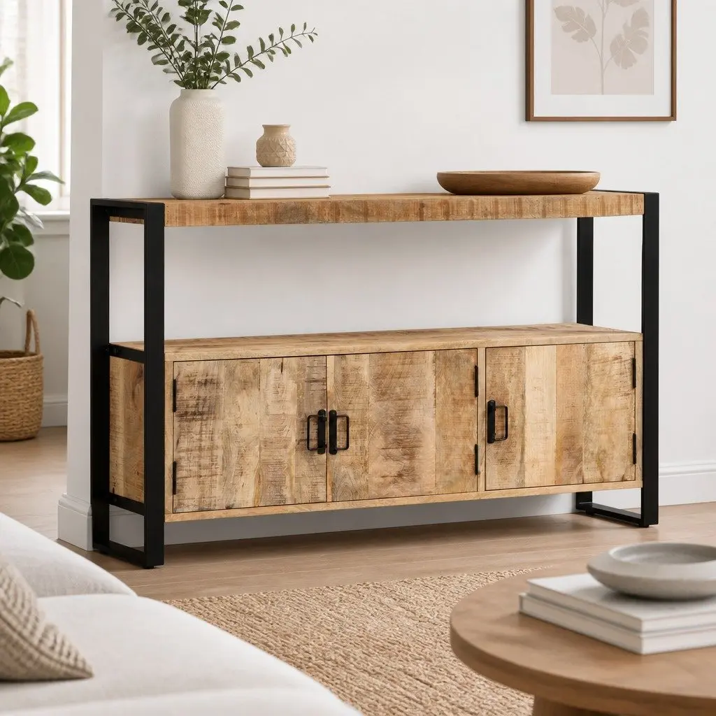 Solid Mango Wood Side Cabinet with Steel Frame