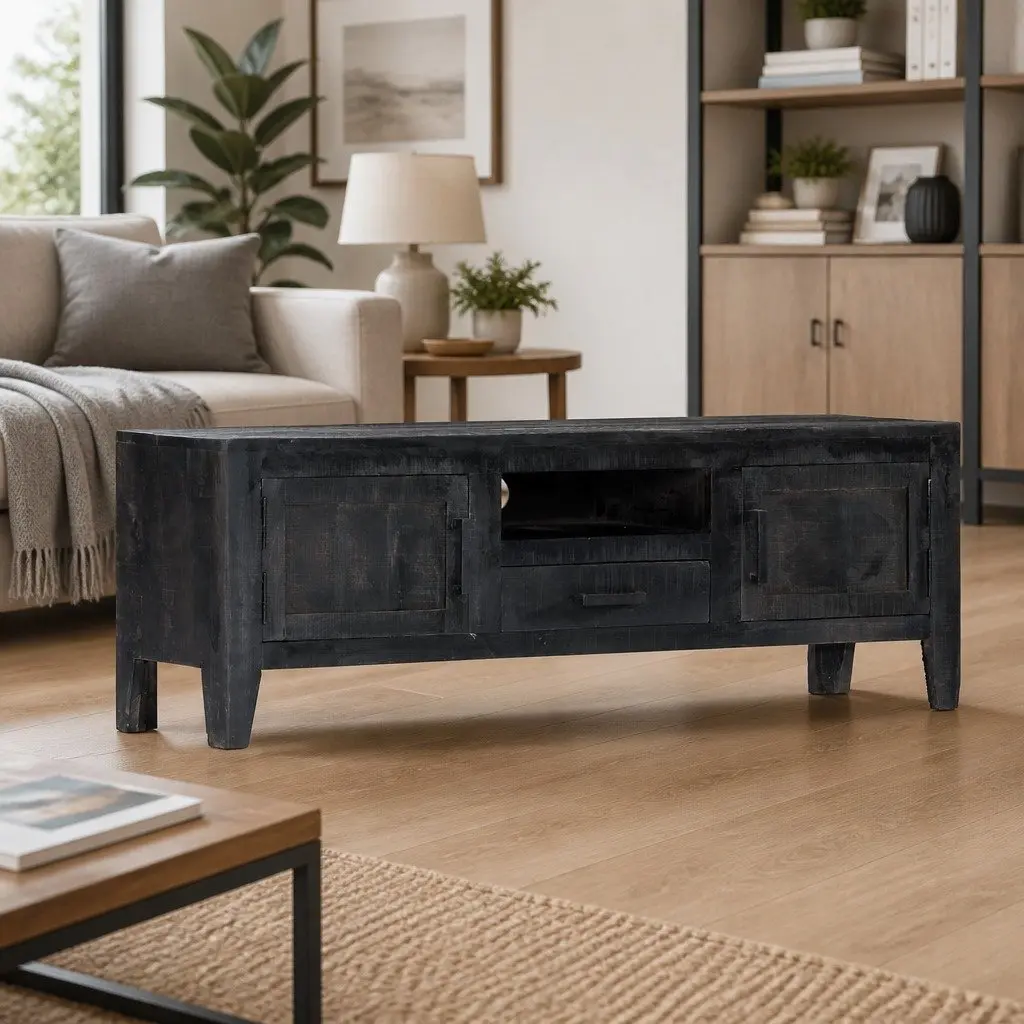 Black Solid Mango Wood TV Cabinet 118x30x40cm