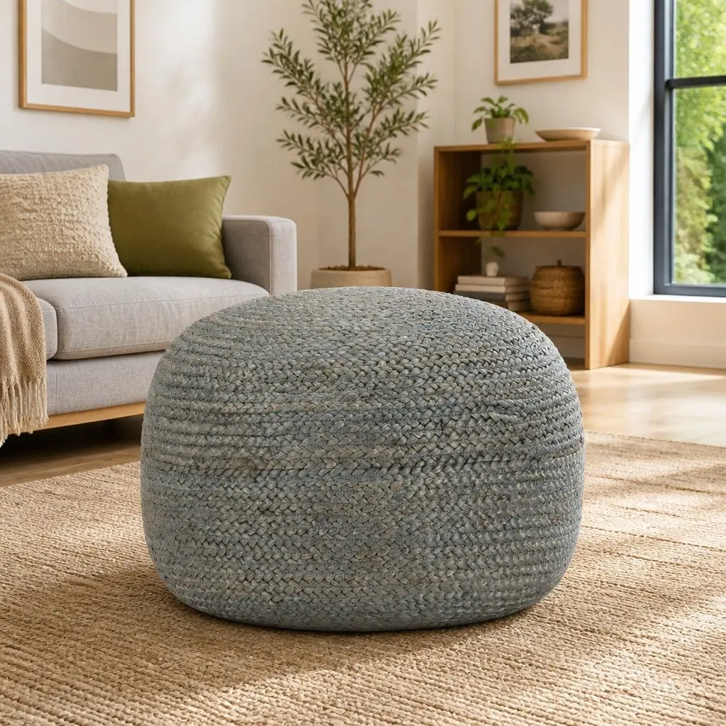 Braided Footrest Pouffe Olive Green Jute 45x30cm Handmade Stool