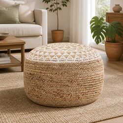 Stylish Handmade Pouffe Footstool in White Braided Jute