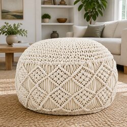 Beige Cotton Macrame Pouffe Footstool for Modern Spaces