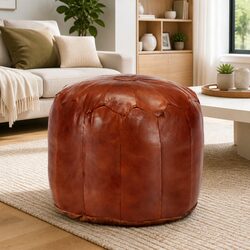 Tan Goat Leather Pouffe Footstool Ottoman for Home Decor