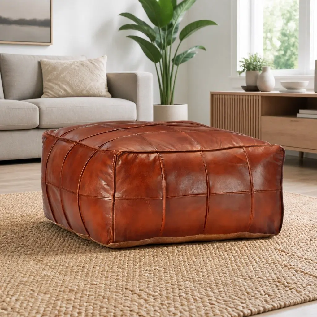 Goat Leather Pouffe Footstool in Tan for Relaxing