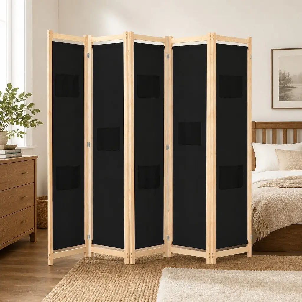 5-Panel Wooden Frame Fabric Screen Room Divider