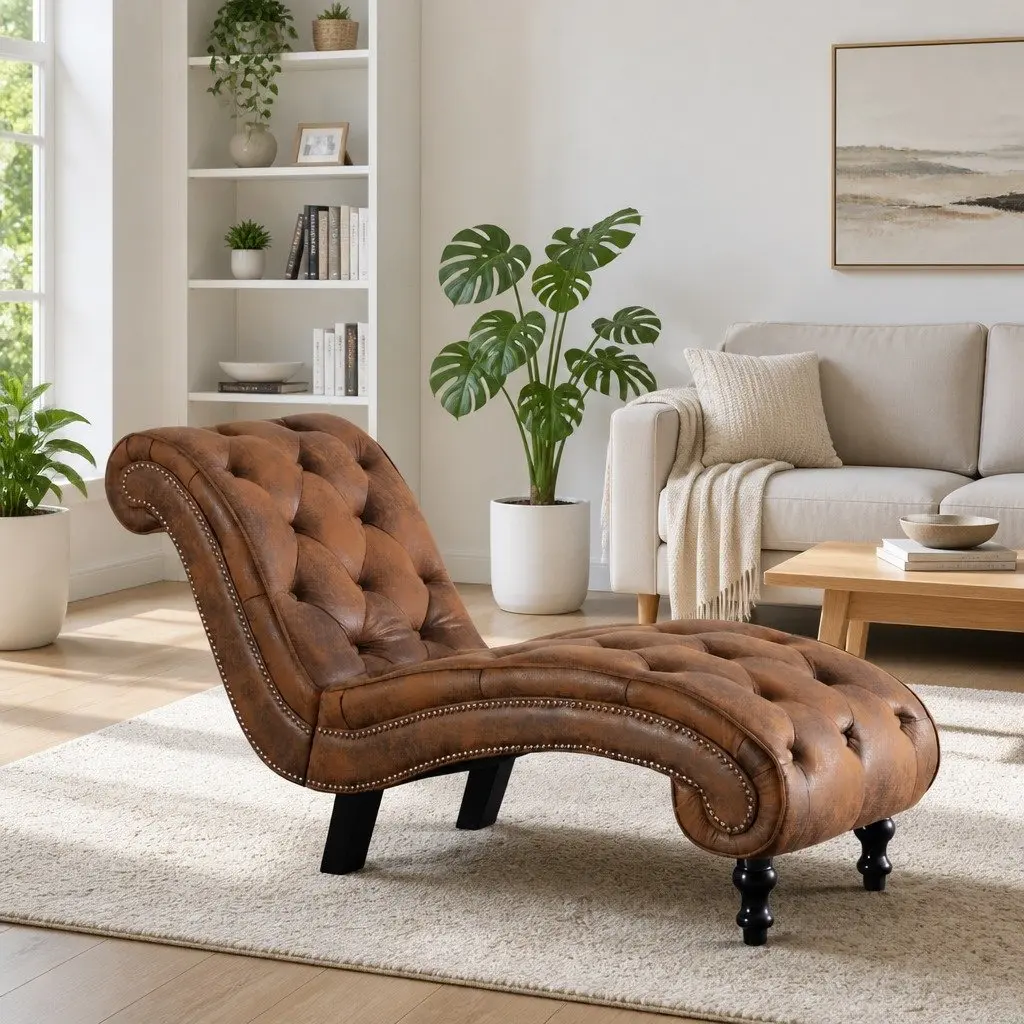 Chaise Lounge Faux Suede Leather Brown Padded