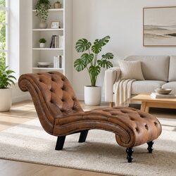 Elegant Brown Faux Suede Leather Chaise Lounge