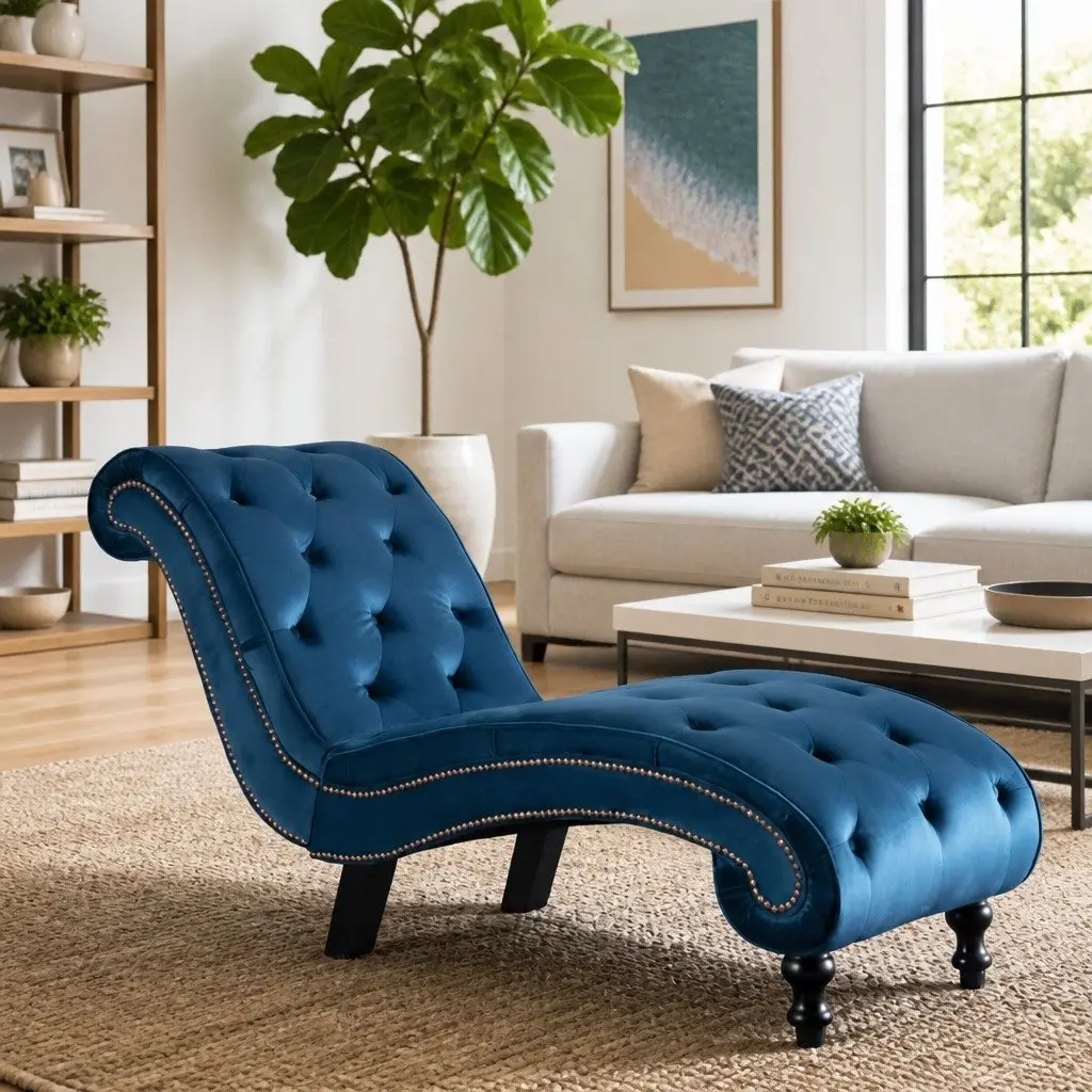 Chaise Lounge Velvet Blue Ergonomic Tufted Accent Chair