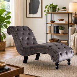 Stylish Grey Velvet Chaise Lounge with Scroll Design