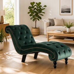 Elegant Green Velvet Chaise Lounge with Button Tufting