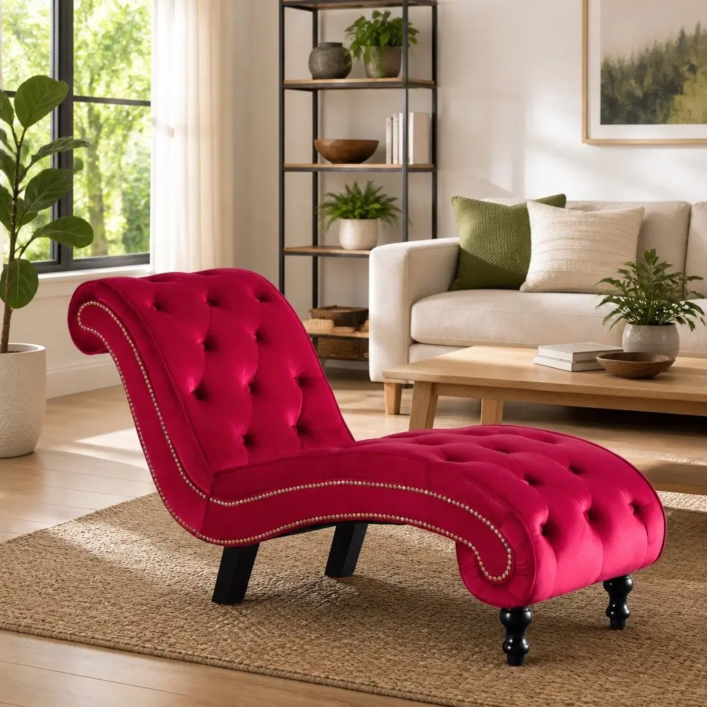 Red Velvet Accent Chair with Button Tufting