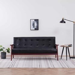 Retro Black Faux Leather 3-Seater Sofa for Living Room