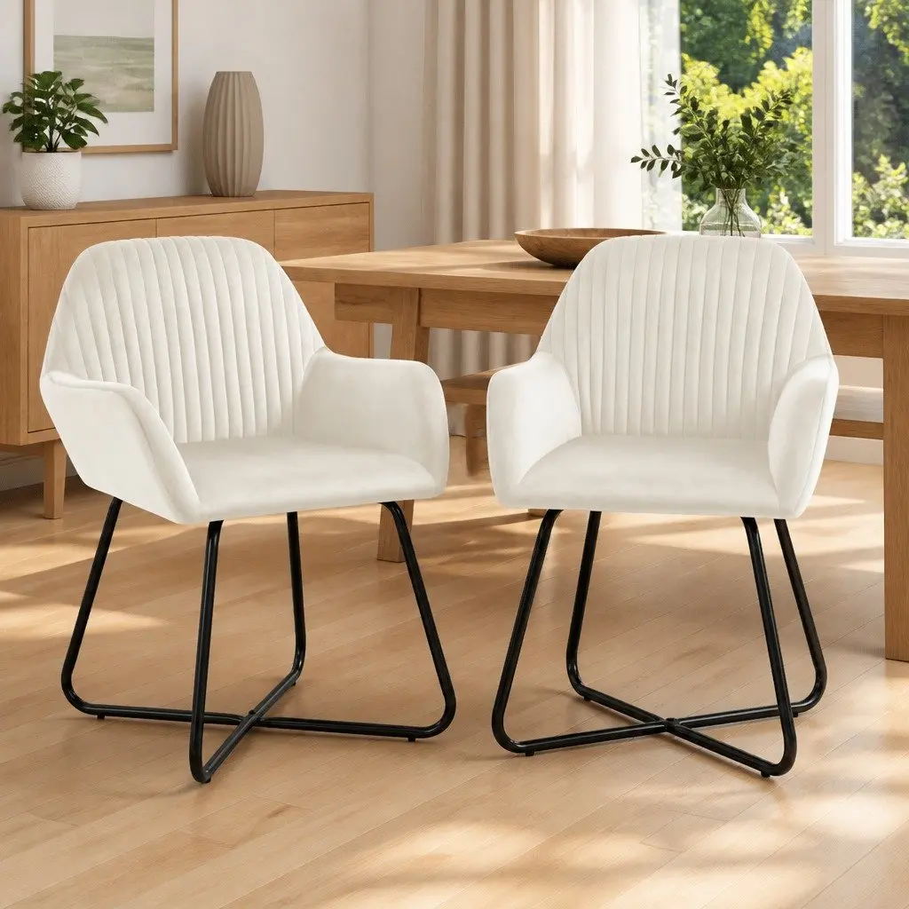 Dining Chairs Set of 2 Cream Velvet with Armrests and Backrest