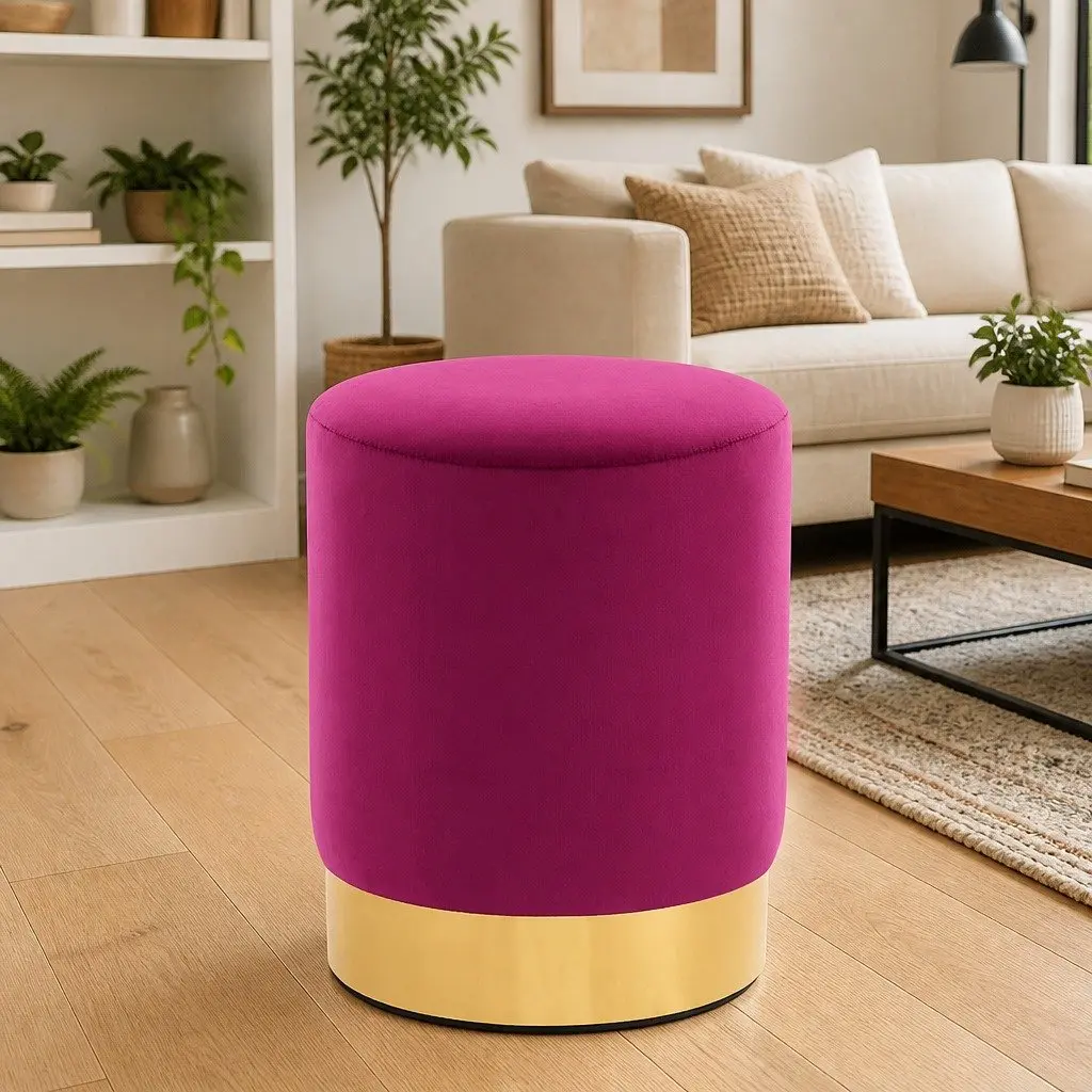 Purple Velvet Barrel Stool with Metal Base